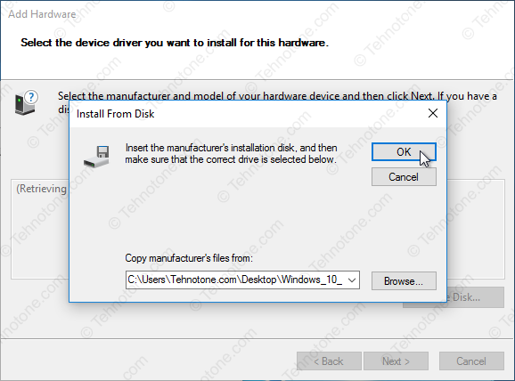 tehnotone.com Windows 10 64 bit Device manager add legacy hardware - Have disk - Browse - OK