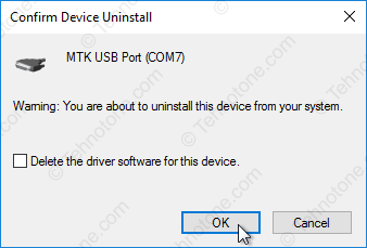 tehnotone.com Windows 10 64 bit Device manager add legacy hardware - MTK USB Port - Uninstall - OK