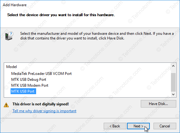 tehnotone.com Windows 10 64 bit Device manager add legacy hardware - MTK USB Port