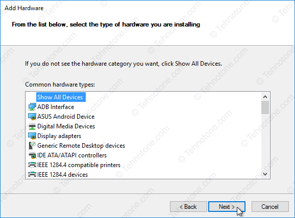 tehnotone.com Windows 10 64 bit Device manager add legacy hardware - show all devices