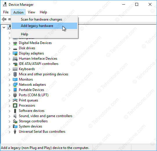 tehnotone.com Windows 10 64 bit Device manager add legacy hardware
