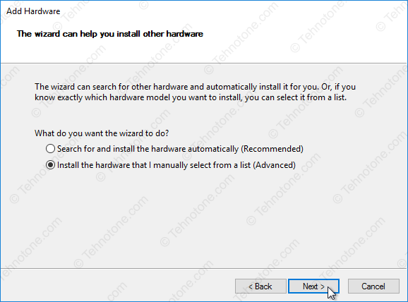 tehnotone.com Windows 10 64 bit Install the hardware that I manually select from a list(Advanced)